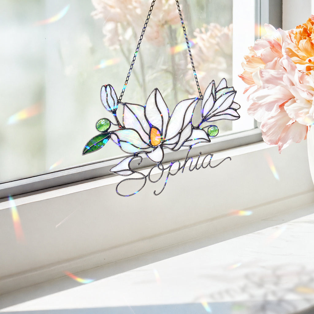 Personalized White Magnolia Branch Holographic Acrylic Suncatcher