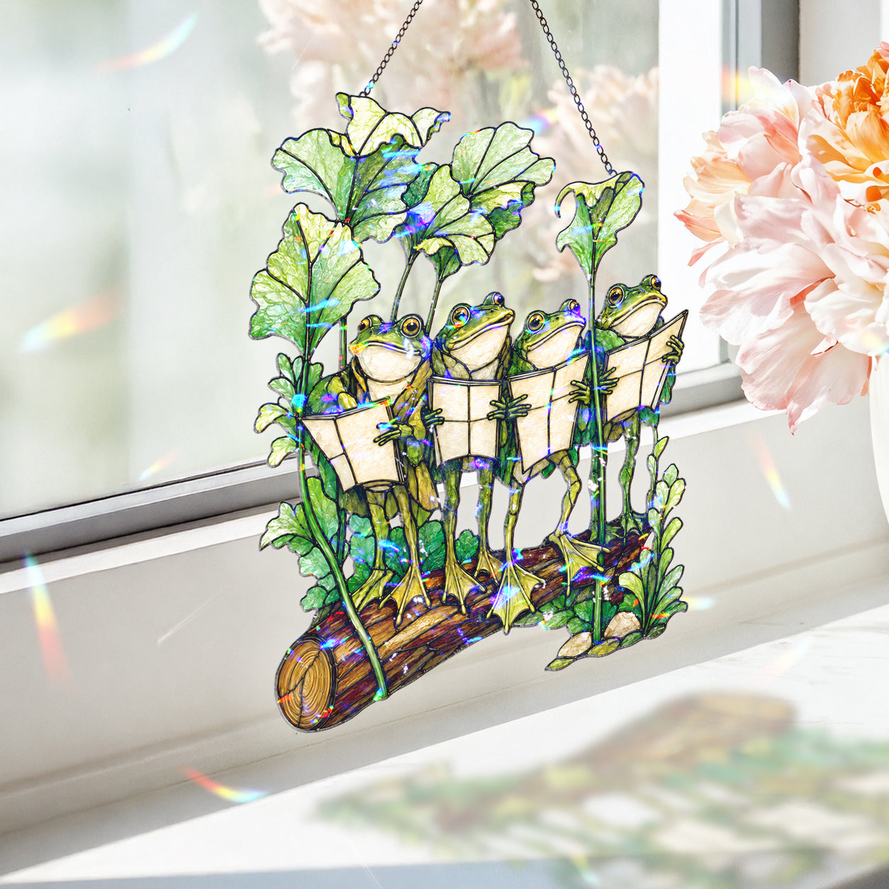 Four Frogs Reading Books on a Log Holographic Acrylic Suncatcher