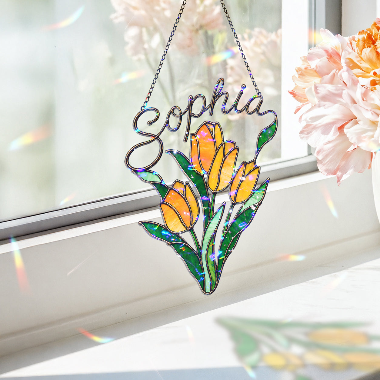 Personalized Yellow Tulip Bouquet Holographic Acrylic Suncatcher