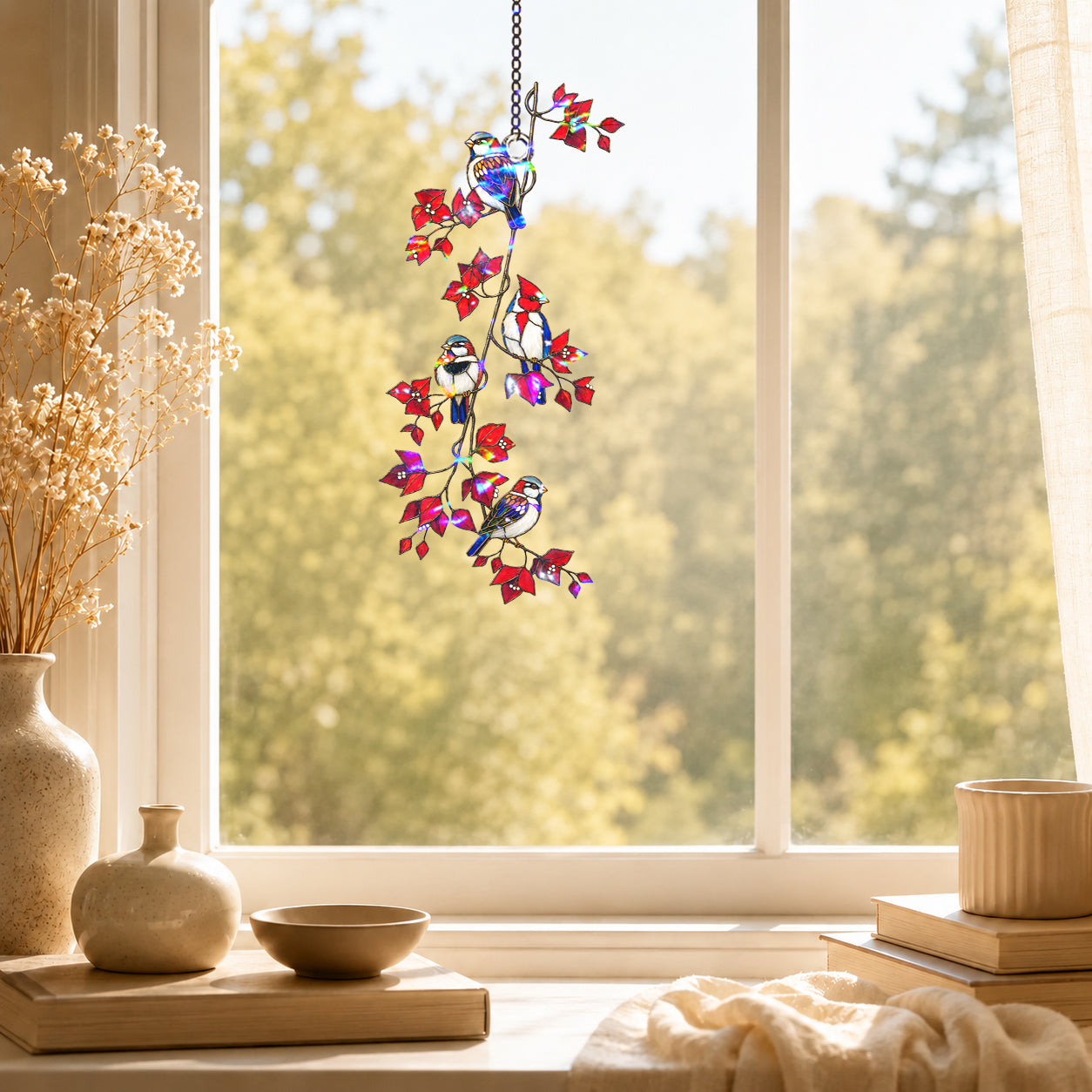 Sparrows & Cardinal on Red Leaf Vine Holographic Acrylic Suncatcher