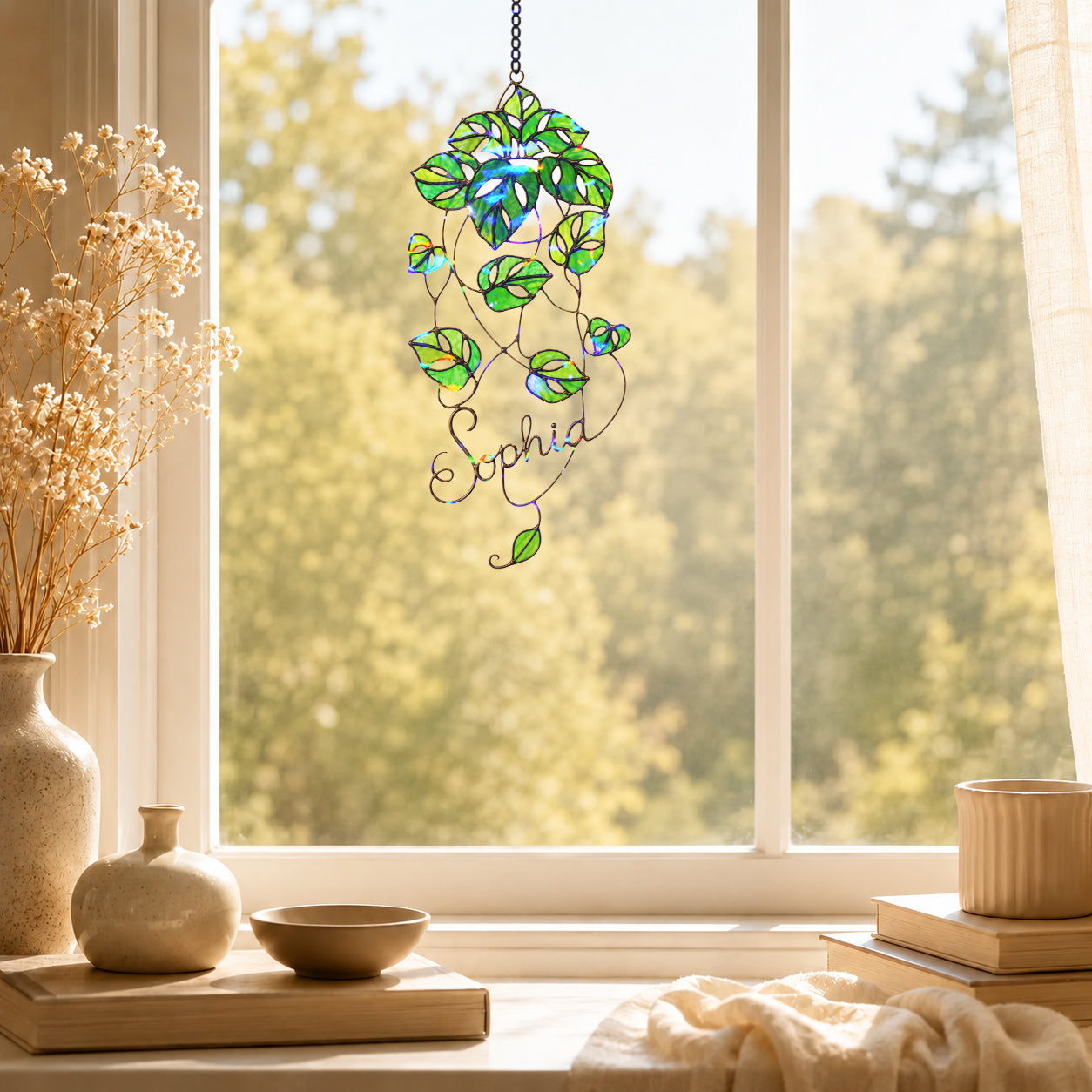 Personalized Monstera Trailing Vine Holographic Acrylic Suncatcher