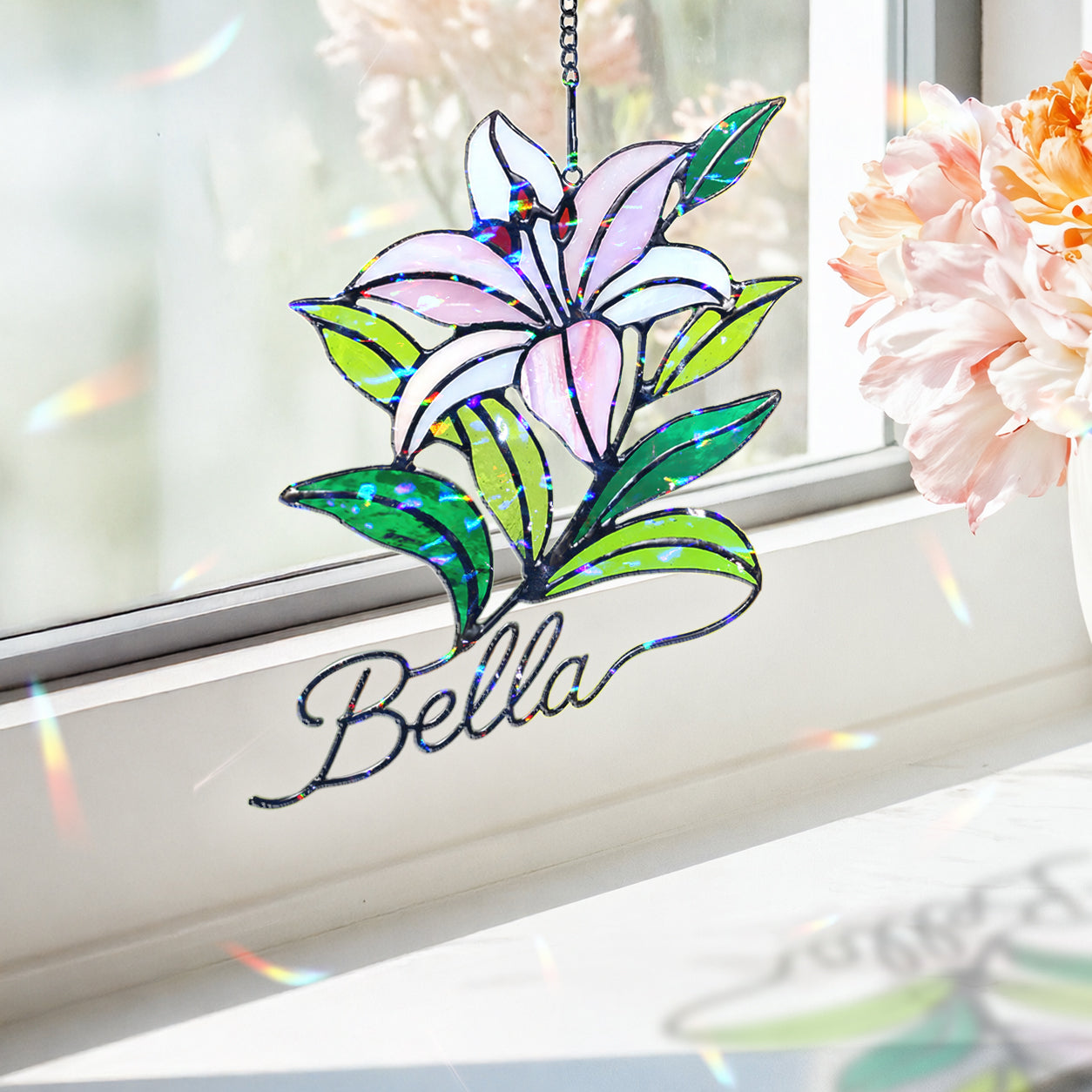 Personalized Pink Lily Flower Holographic Acrylic Suncatcher