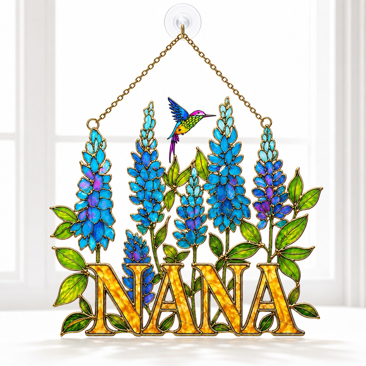 Personalized NANA Bluebonnet Hummingbird Holographic Acrylic Suncatcher