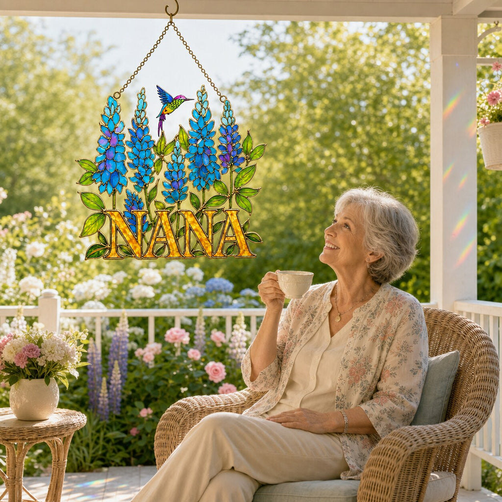 Personalized NANA Bluebonnet Hummingbird Holographic Acrylic Suncatcher