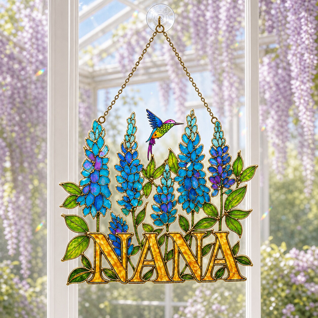 Personalized NANA Bluebonnet Hummingbird Holographic Acrylic Suncatcher