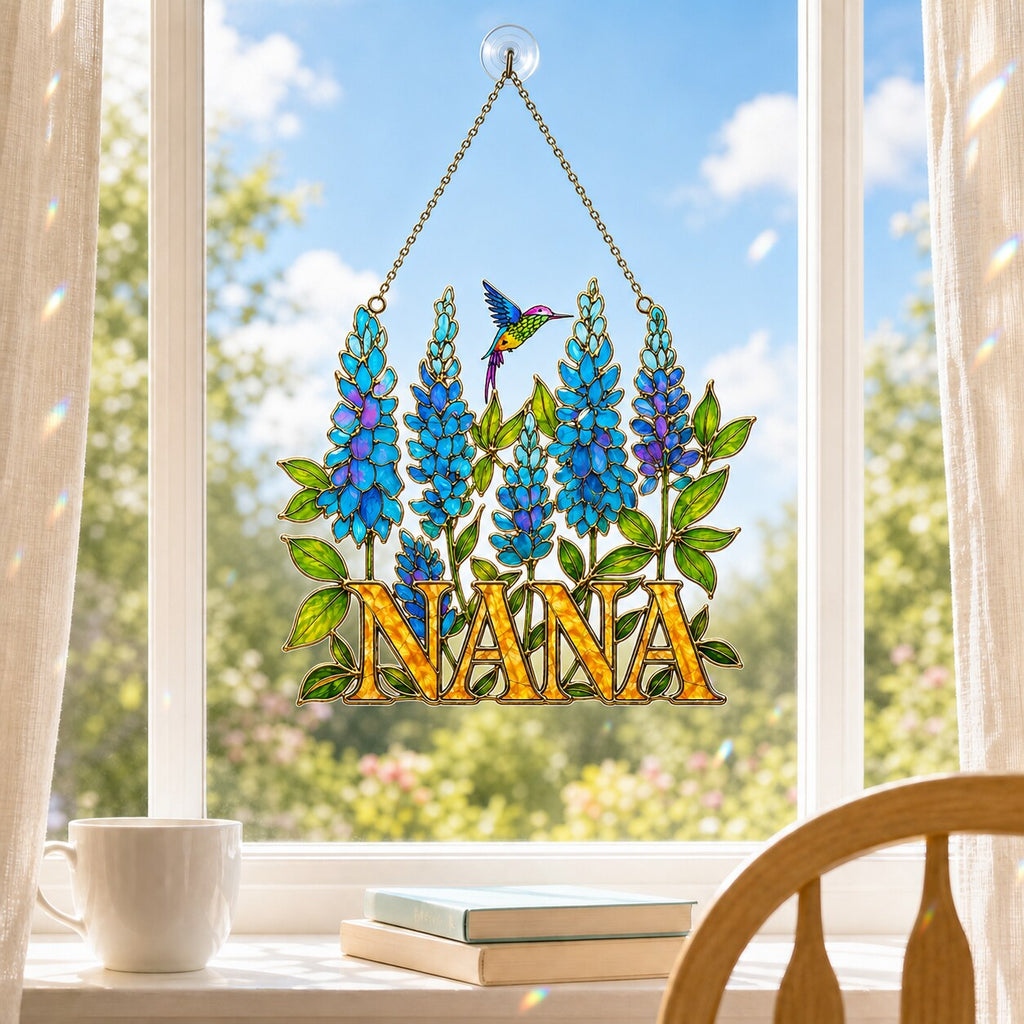 Personalized NANA Bluebonnet Hummingbird Holographic Acrylic Suncatcher