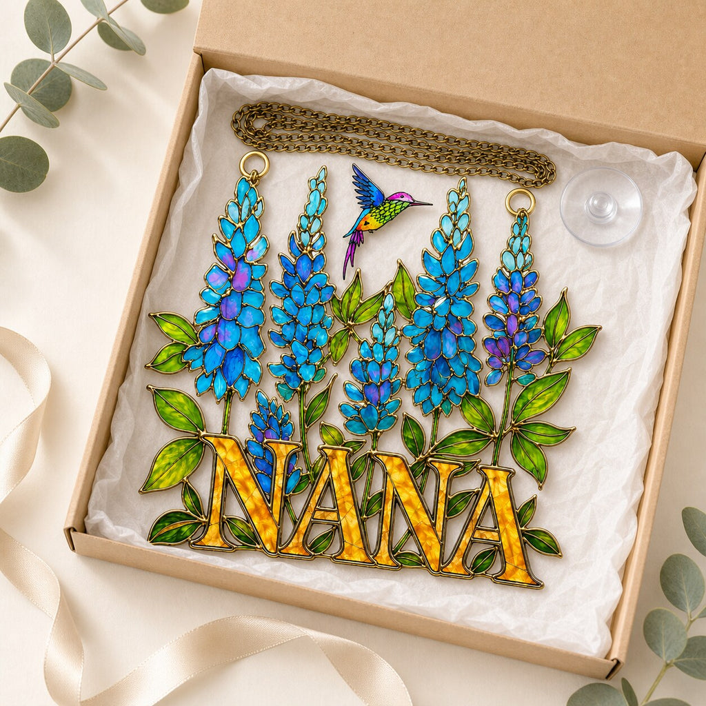 Personalized NANA Bluebonnet Hummingbird Holographic Acrylic Suncatcher