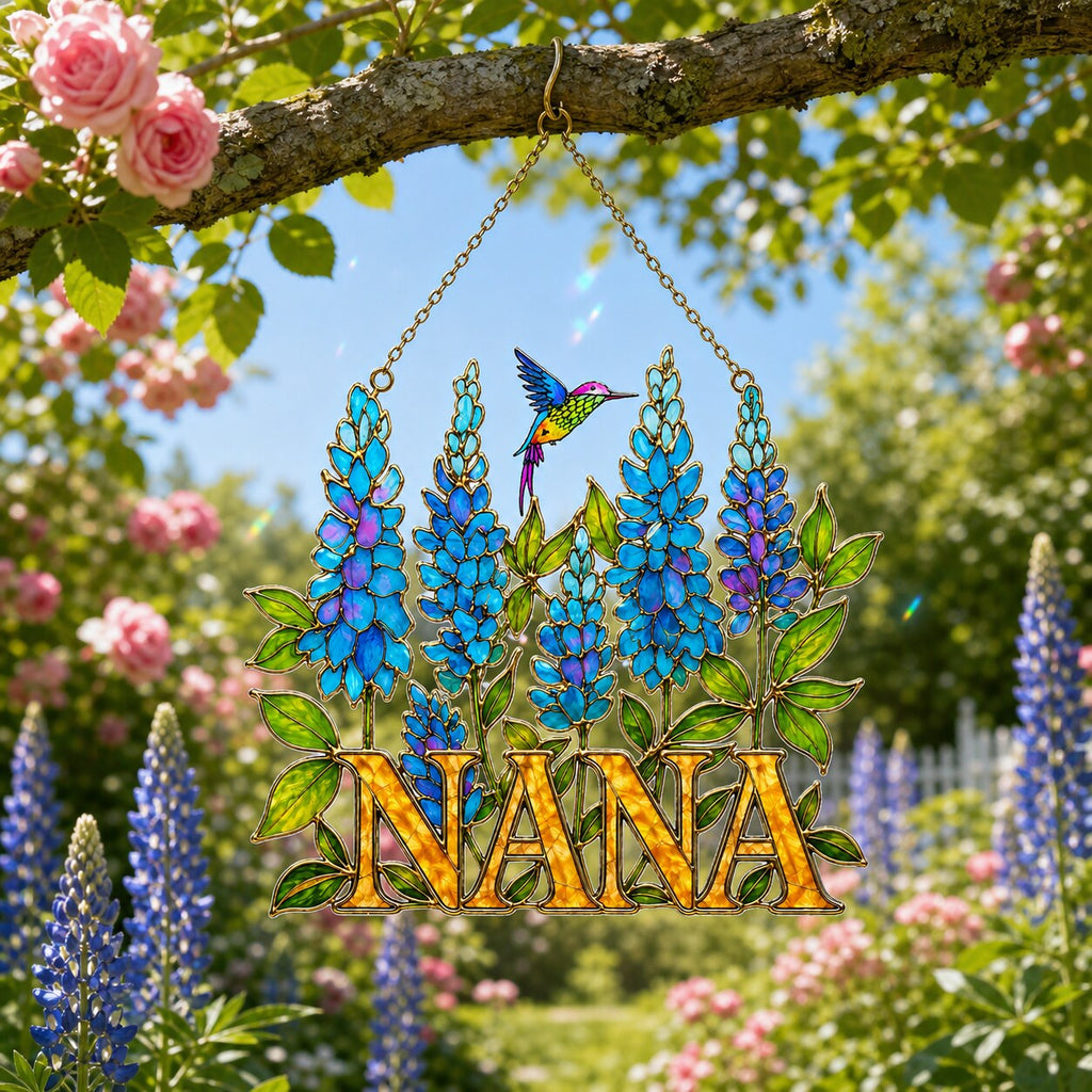 Personalized NANA Bluebonnet Hummingbird Holographic Acrylic Suncatcher