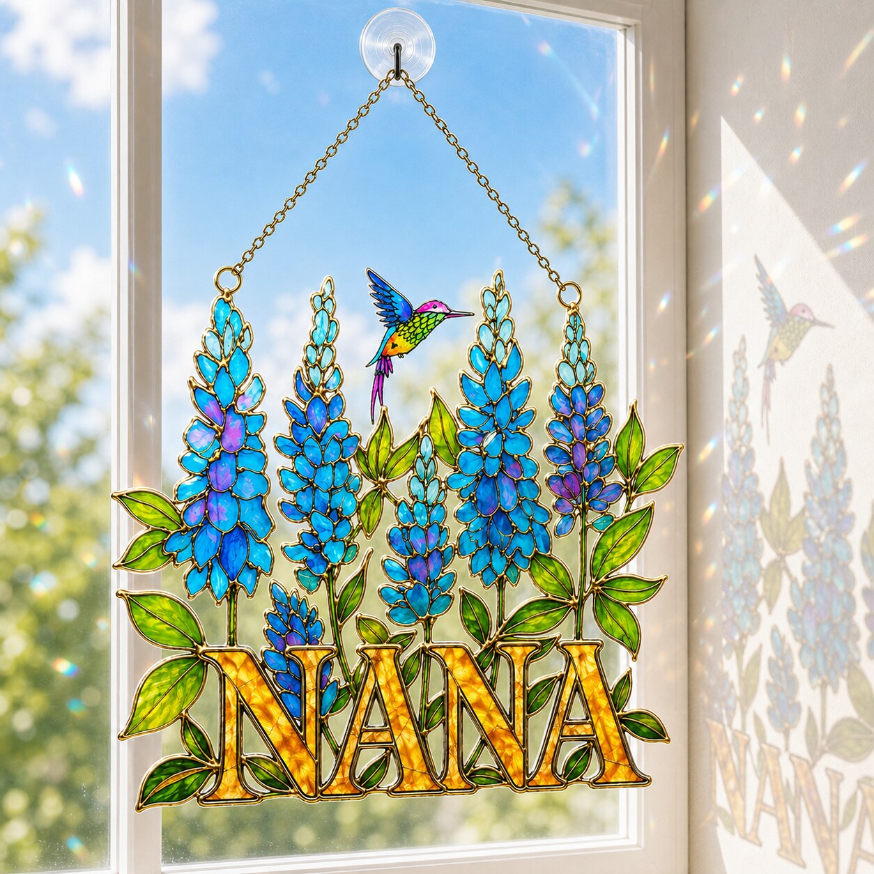 Personalized NANA Bluebonnet Hummingbird Holographic Acrylic Suncatcher