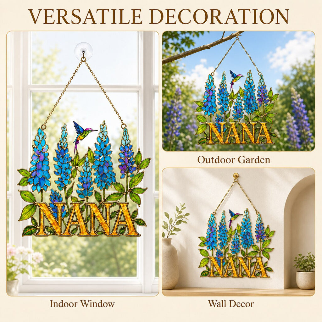 Personalized NANA Bluebonnet Hummingbird Holographic Acrylic Suncatcher