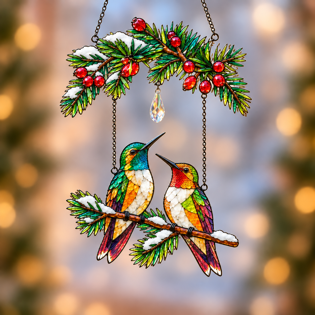 Personalized Hummingbird Couple on Holly Pine Branch Holographic Acrylic Suncatcher