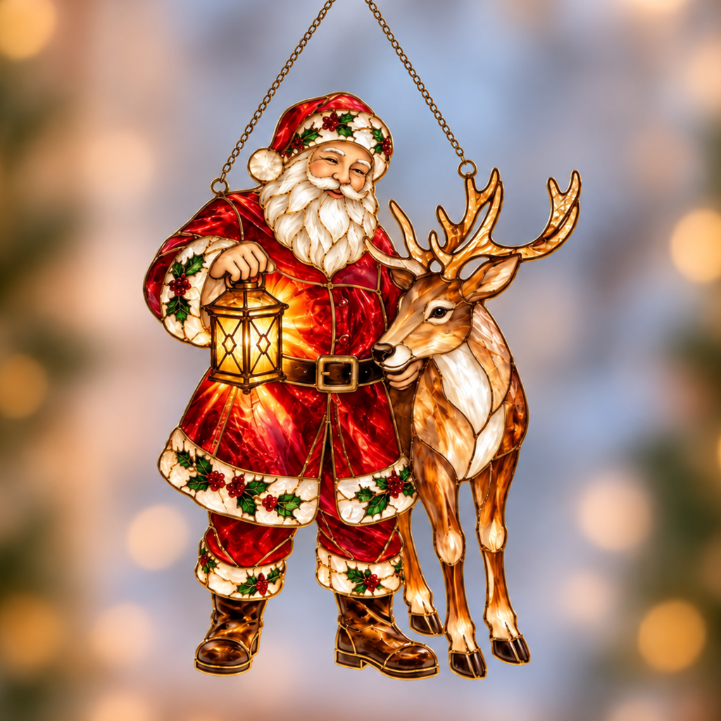 Santa and Reindeer with Lantern Holographic Acrylic Suncatcher