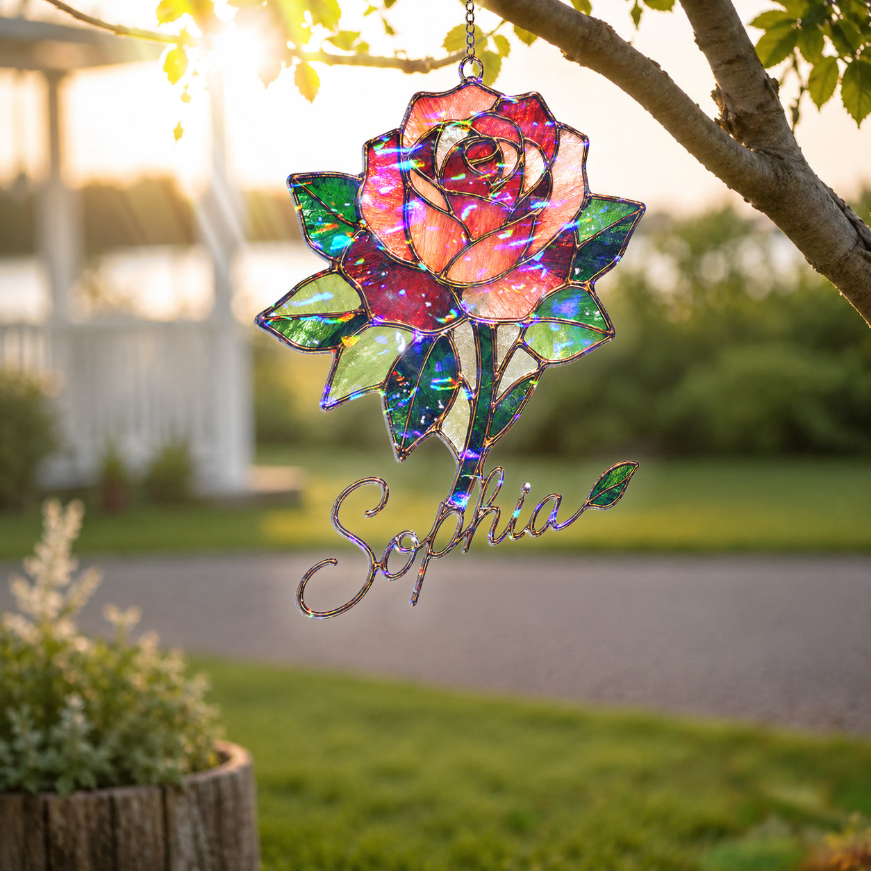 Personalized Red Rose Holographic Acrylic Suncatcher