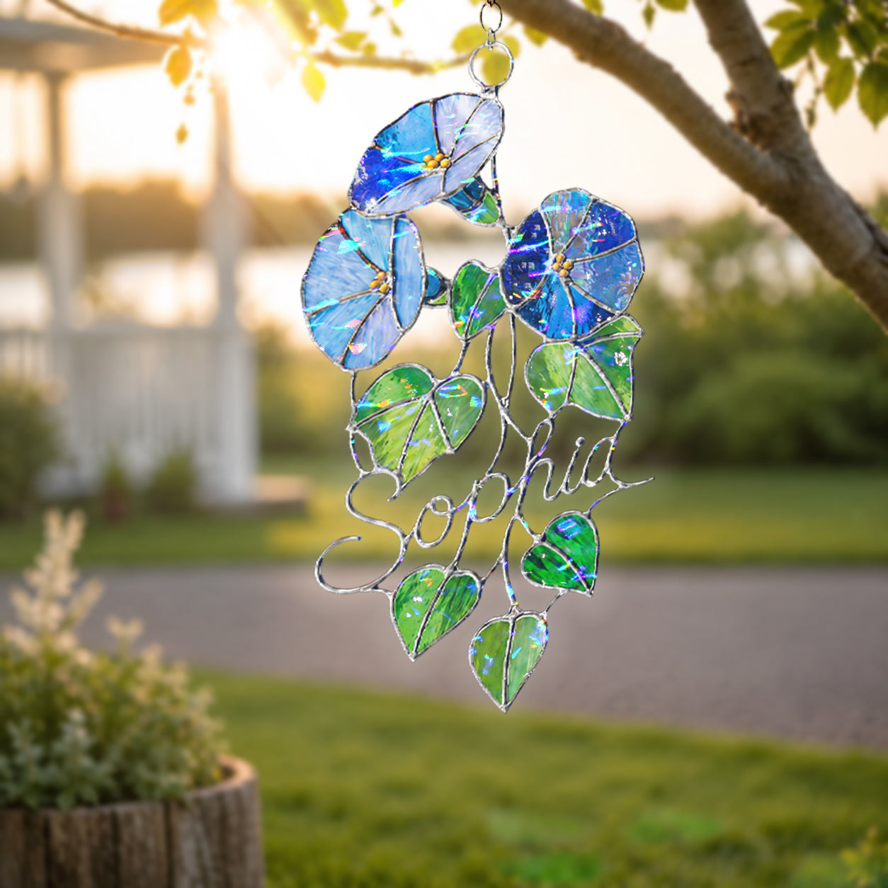 Personalized Blue Morning Glory Holographic Acrylic Suncatcher