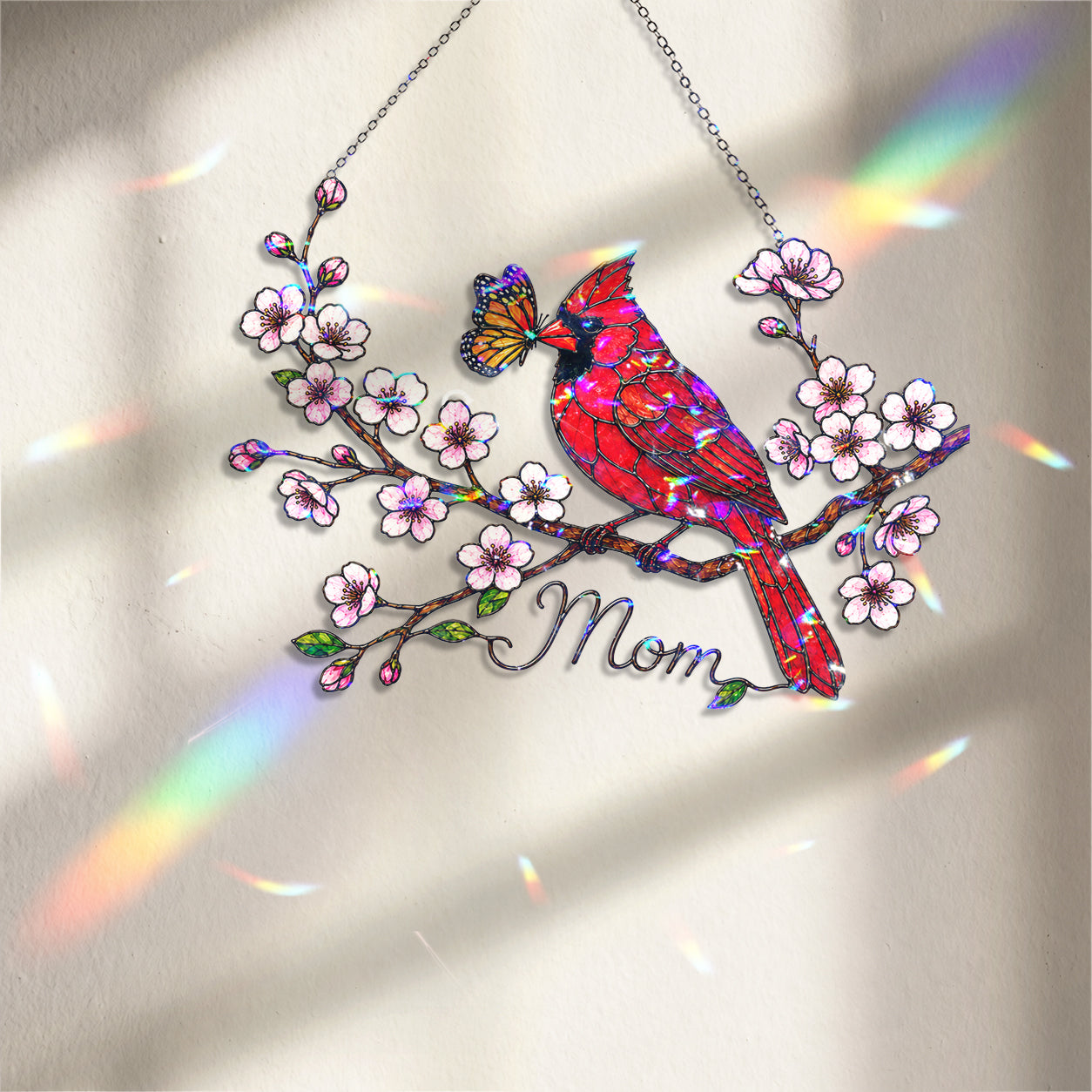 Personalized Cardinal & Cherry Blossom Holographic Acrylic Suncatcher