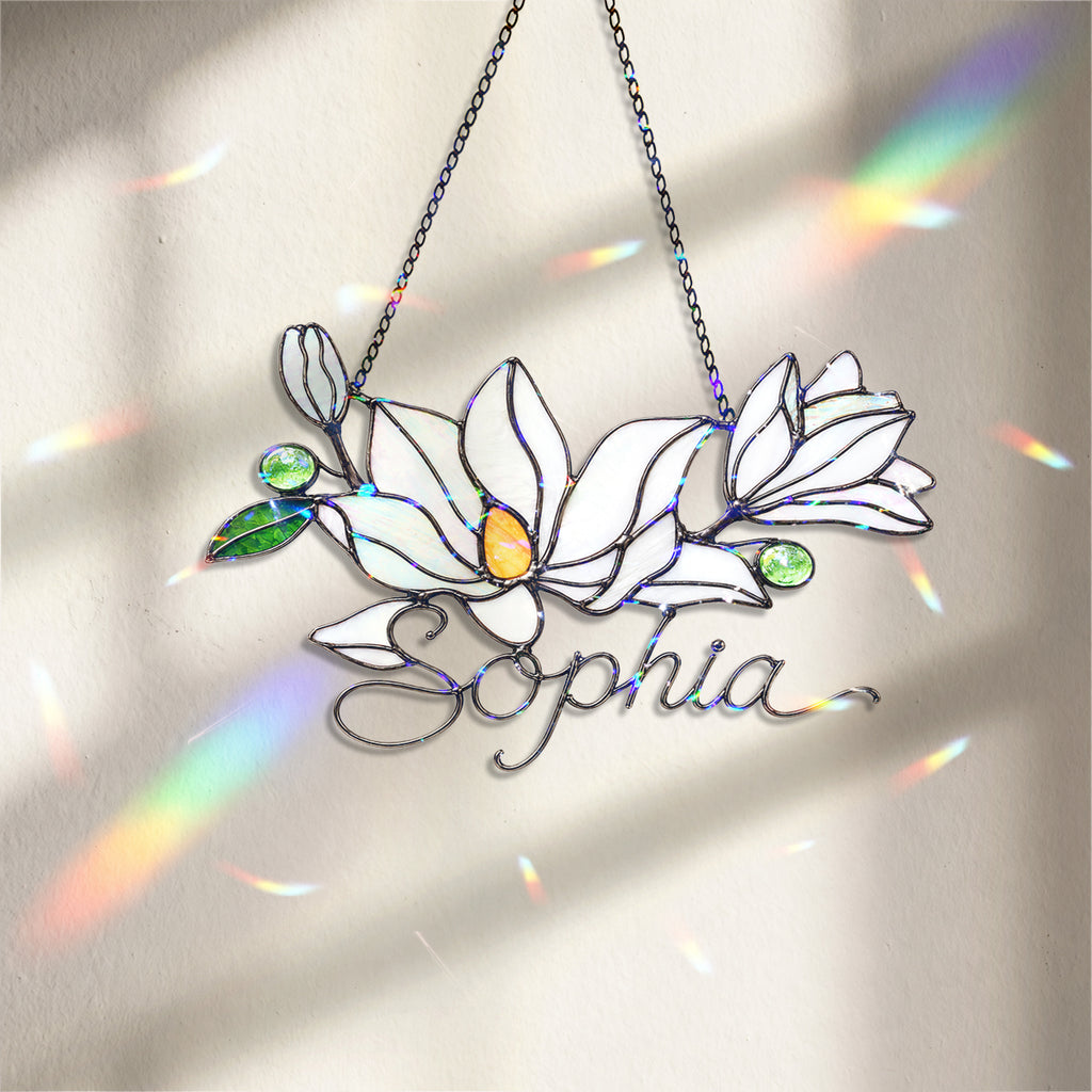 Personalized White Magnolia Branch Holographic Acrylic Suncatcher