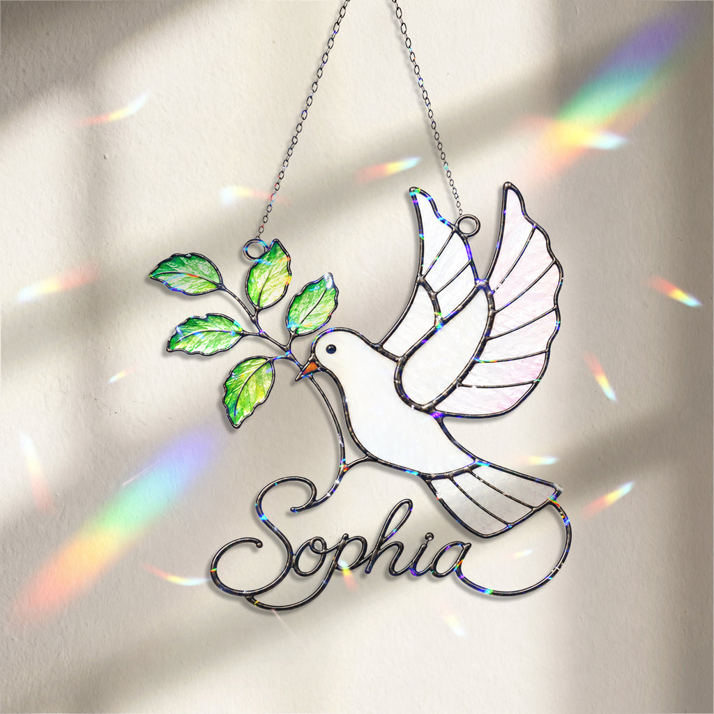 Personalized White Dove & Olive Branch Holographic Acrylic Suncatcher