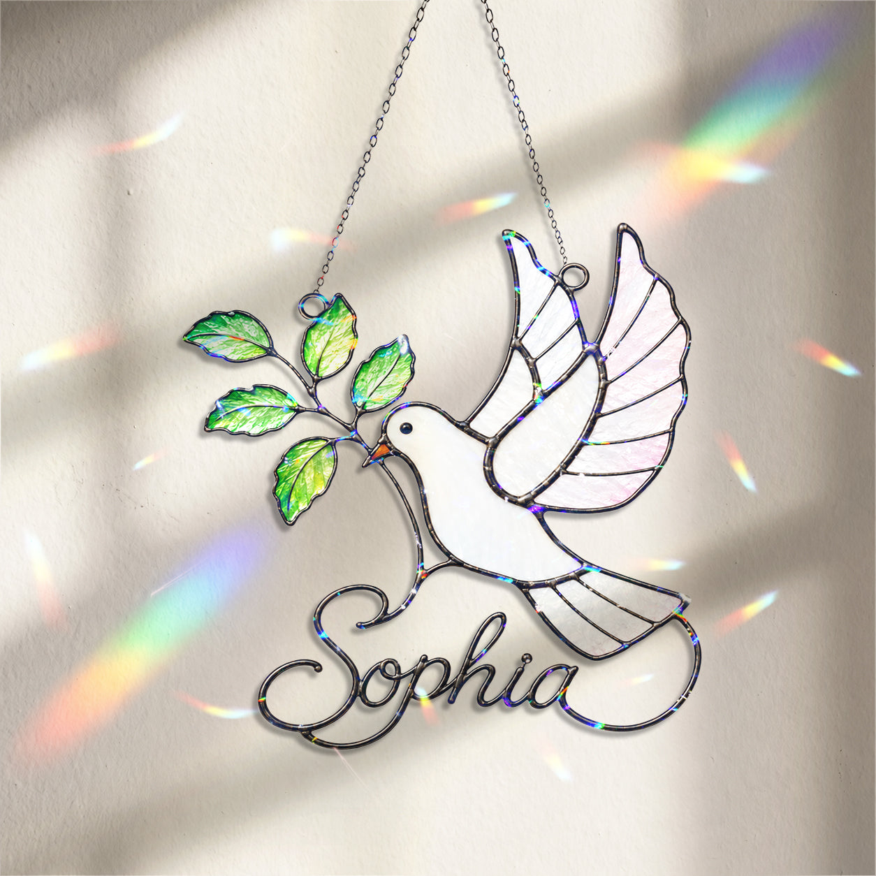 Personalized White Dove & Olive Branch Holographic Acrylic Suncatcher