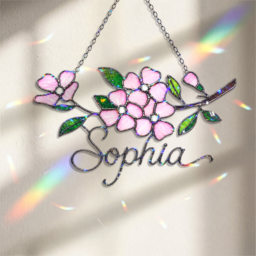 Personalized Pink Cherry Blossom Branch Holographic Acrylic Suncatcher