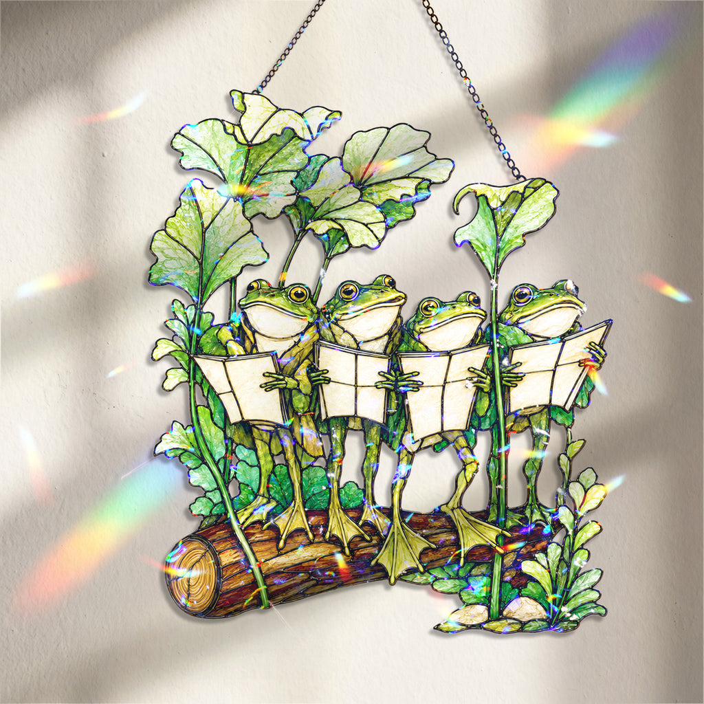 Four Frogs Reading Books on a Log Holographic Acrylic Suncatcher