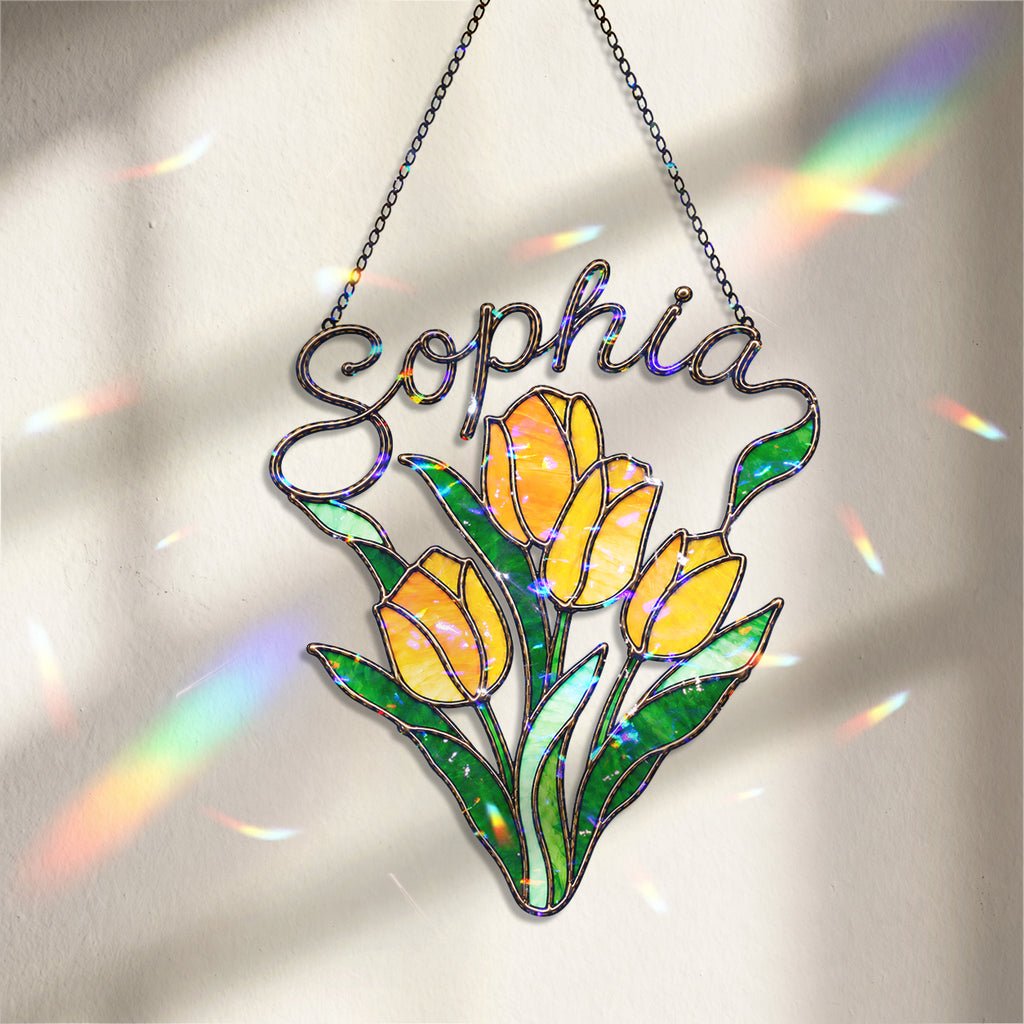 Personalized Yellow Tulip Bouquet Holographic Acrylic Suncatcher