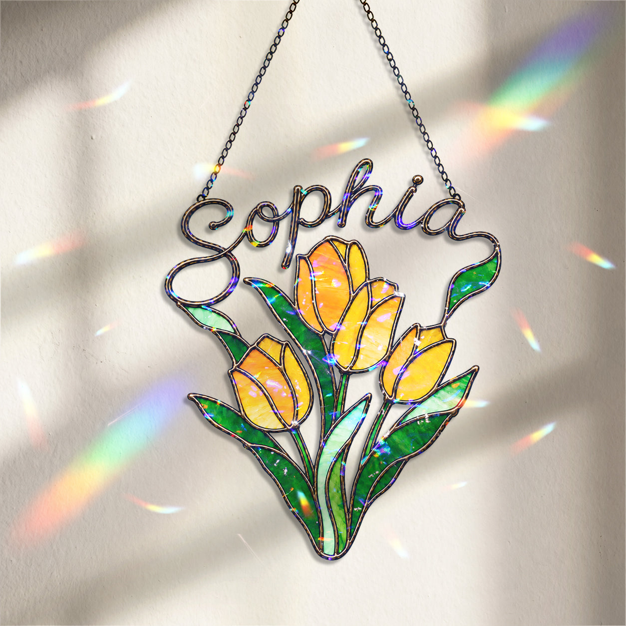 Personalized Yellow Tulip Bouquet Holographic Acrylic Suncatcher