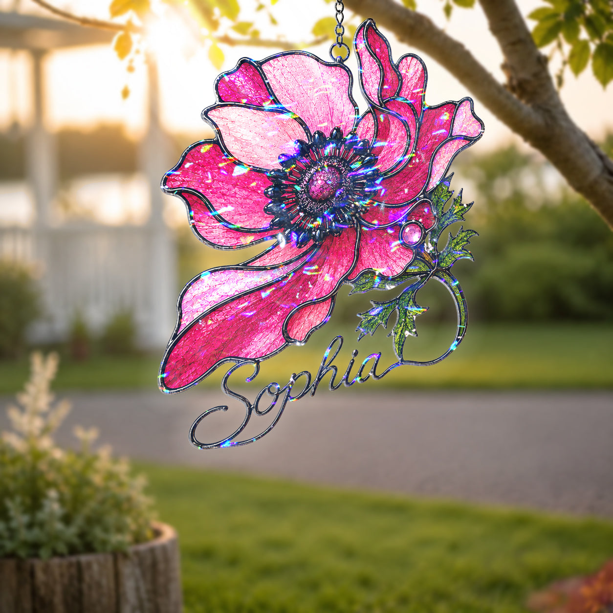 Personalized Pink Anemone Flower Holographic Acrylic Suncatcher