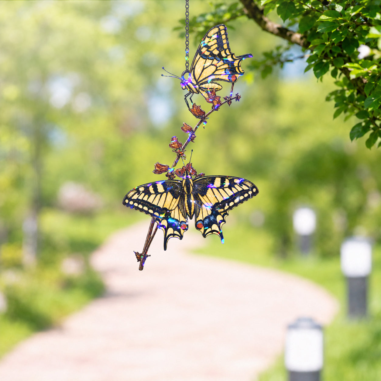 Two Swallowtail Butterflies on Blossom Branch Holographic Acrylic Suncatcher
