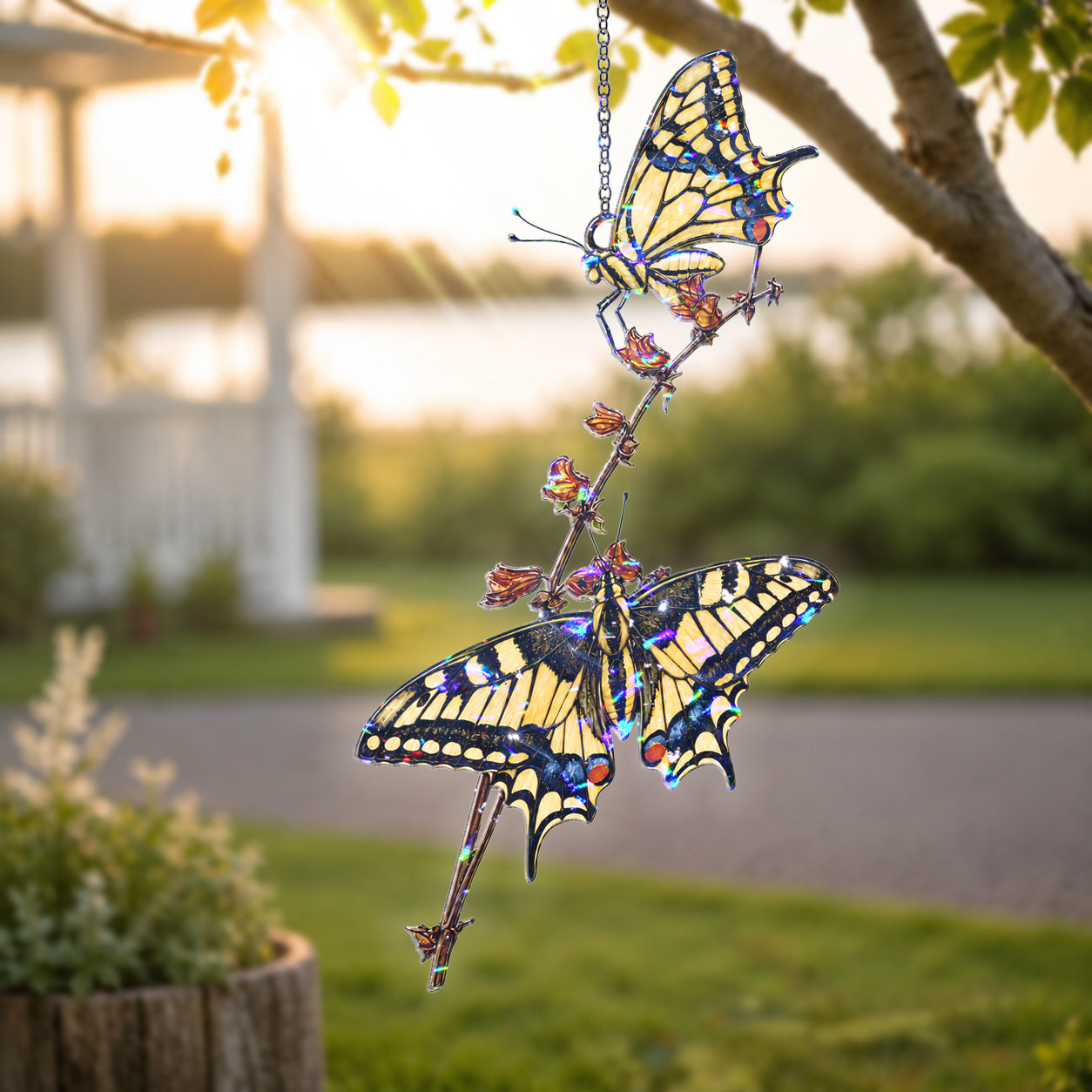 Two Swallowtail Butterflies on Blossom Branch Holographic Acrylic Suncatcher