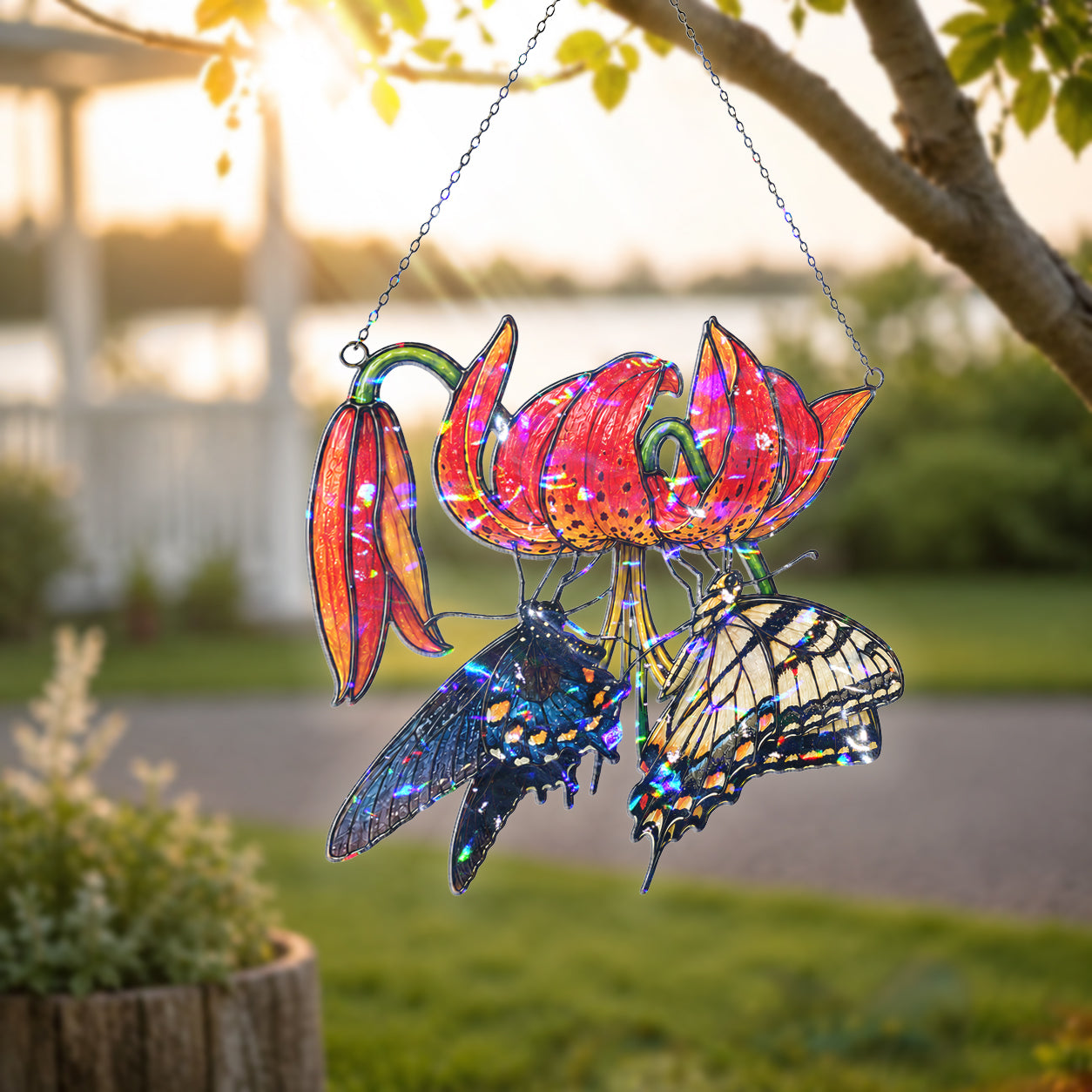 Swallowtail Butterflies & Tiger Lily Holographic Acrylic Suncatcher