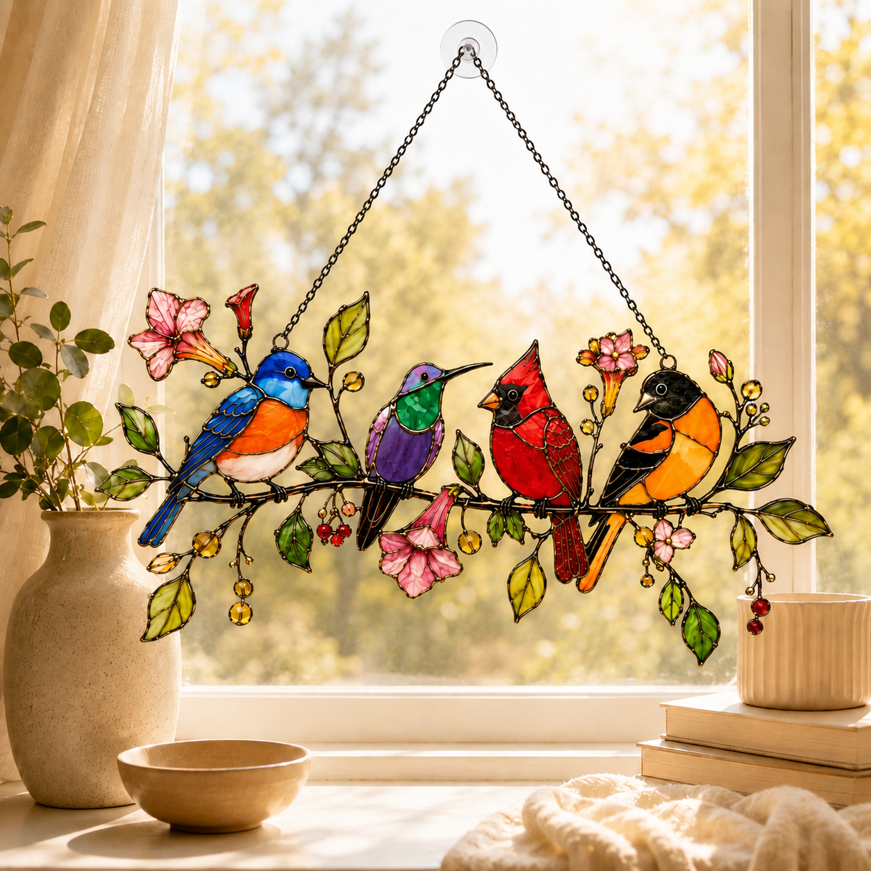Four Songbirds on Blossom Branch Holographic Acrylic Suncatcher