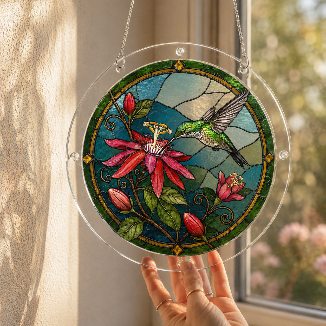 Pink Blossom Hummingbird Puzzle Suncatcher