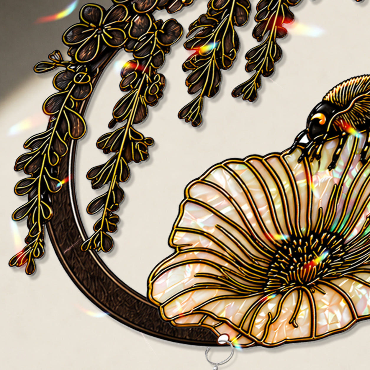 Bee Stained Glass Suncatcher with Flower and Crystal