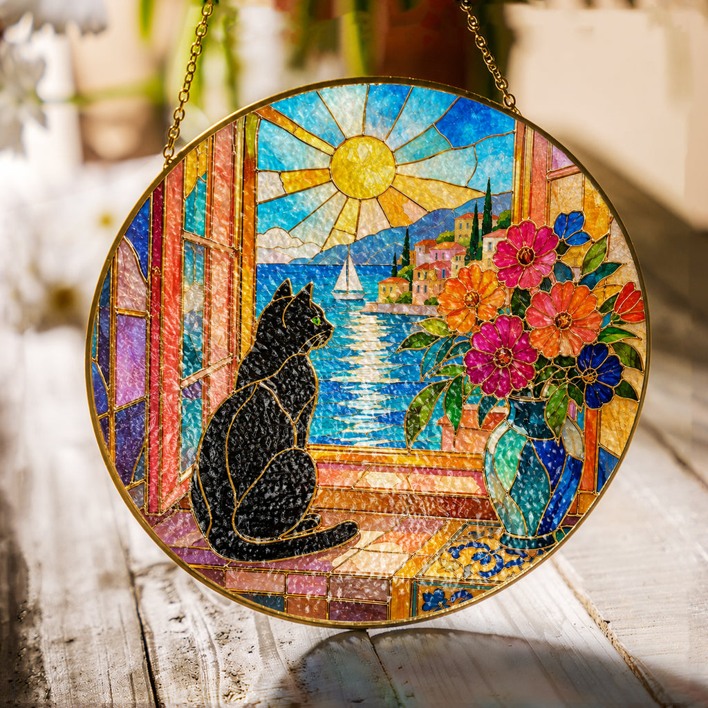 Black Cat & Seaside Window Stained Glass Suncatcher