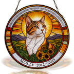 Personalized cat memorial stained glass suncatcher with sunset and sunflowers