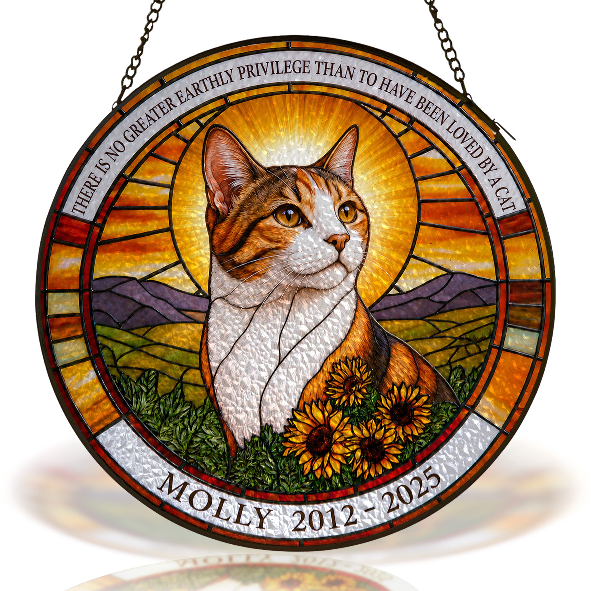 Personalized cat memorial stained glass suncatcher with sunset and sunflowers