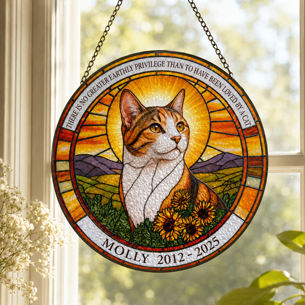 Stained glass panel with a cat's portrait and text, hanging in front of a window.