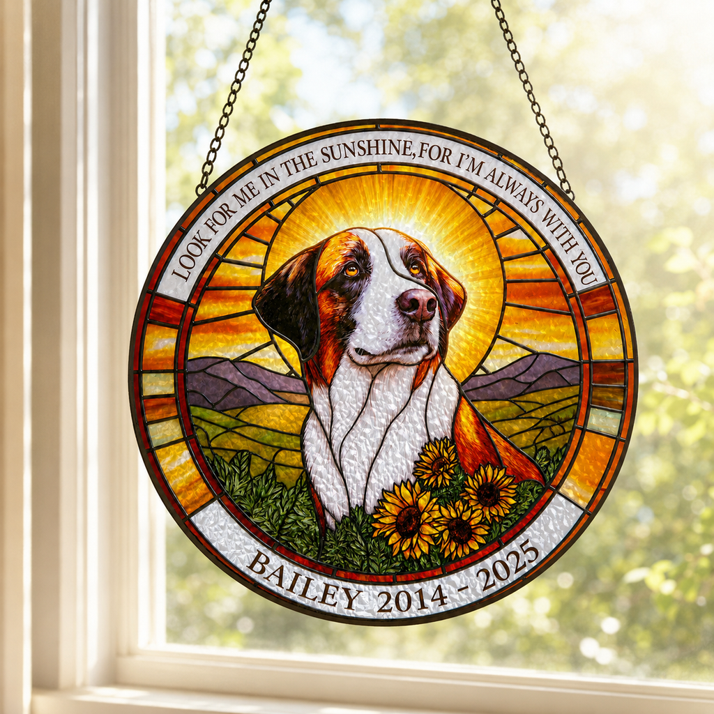Stained glass window hanging with a dog's portrait and text, hanging by a window.