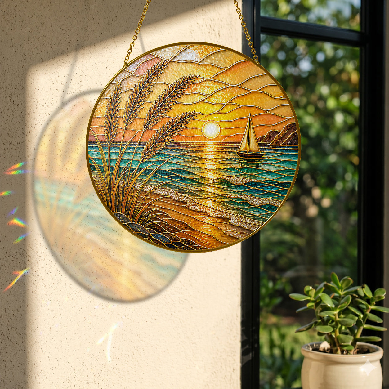 [PIXIWOO] Stained Glass Suncatcher Ocean Sunset Window Hanging Decor, Beach Sun Catcher Ornament with Sailboat, Coastal Wall Art for Window, Nautical Home Decor Gift for Beach Lovers