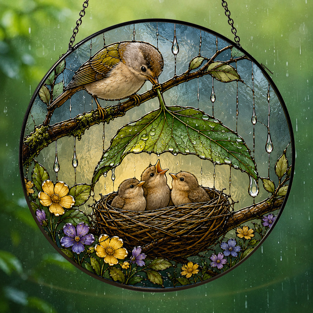 Bird Family Leaf Umbrella Stained Glass Suncatcher