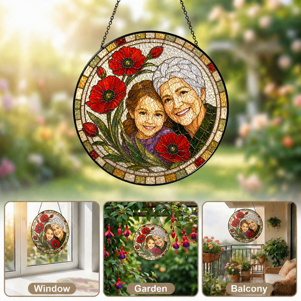 Personalized Photo Grandma Suncatcher – Custom Portrait &amp; Poppies Stained Glass Window Hanging