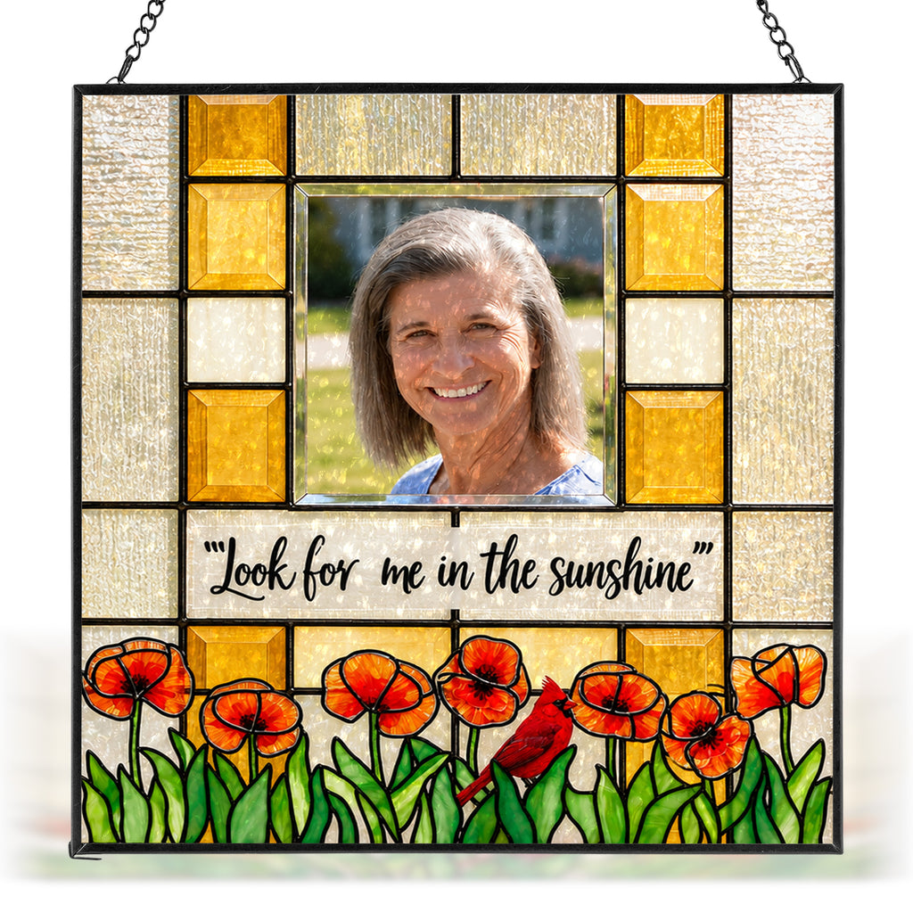 Personalized Memorial Photo Suncatcher – Look For Me In The Sunshine Cardinal &amp; Poppies