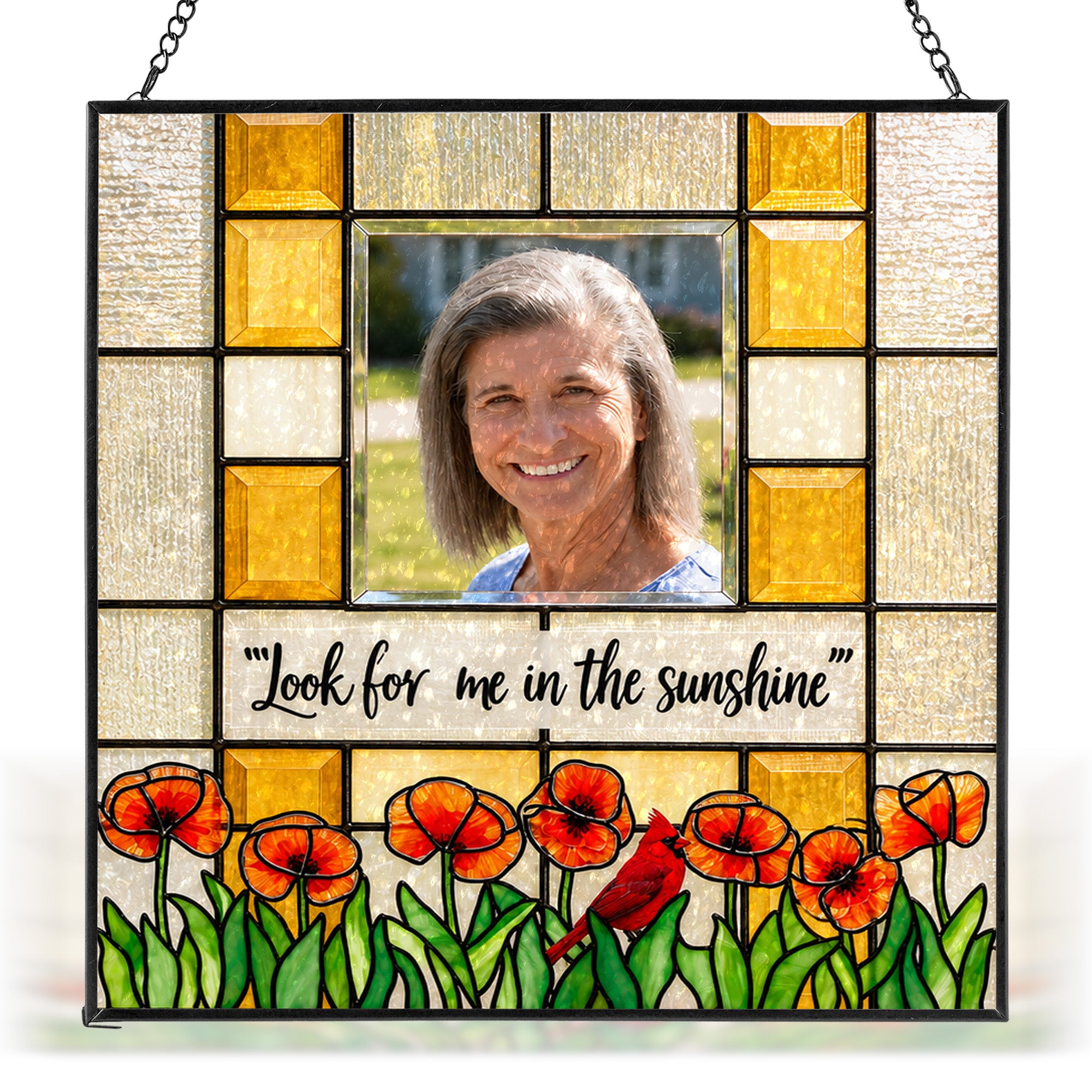 Personalized Memorial Photo Suncatcher – Look For Me In The Sunshine Cardinal &amp; Poppies