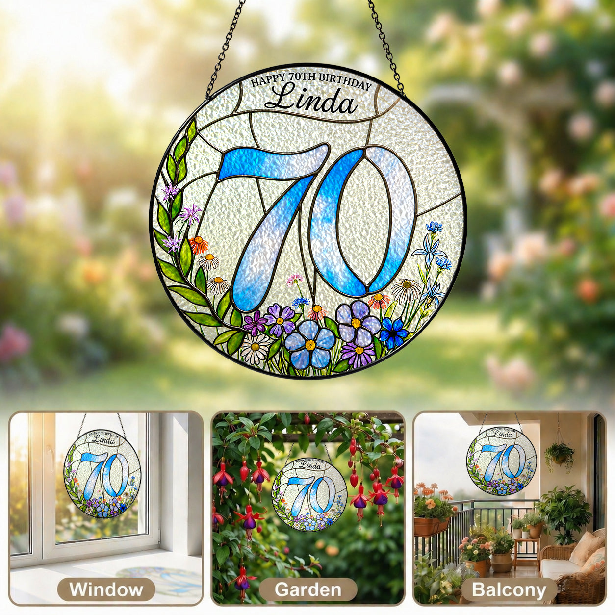 Personalized 70th Birthday Suncatcher – Custom Name Wildflower Stained Glass Gift