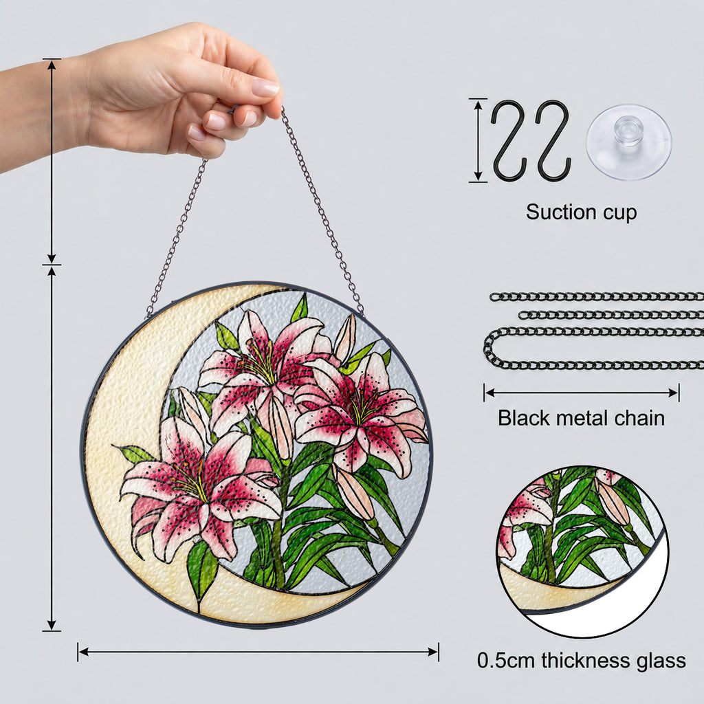 Pink lily suncatcher details: black metal chain, suction cup, and 0.5 cm thick glass
