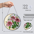 Pink lily suncatcher details: black metal chain, suction cup, and 0.5 cm thick glass