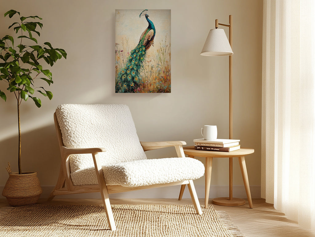Peacock Canvas Wall Art Vintage Peacock Painting with Wildflowers