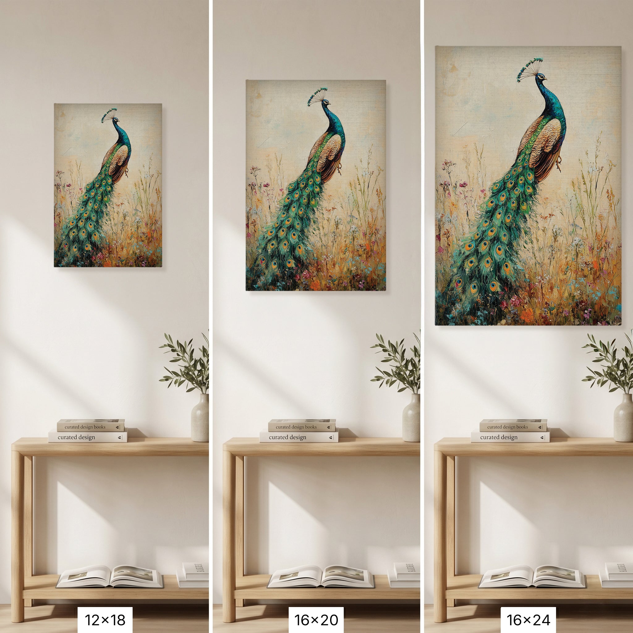 Peacock Canvas Wall Art Vintage Peacock Painting with Wildflowers