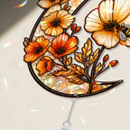 Crescent Moon Stained Glass Suncatcher with Flowers and Bee
