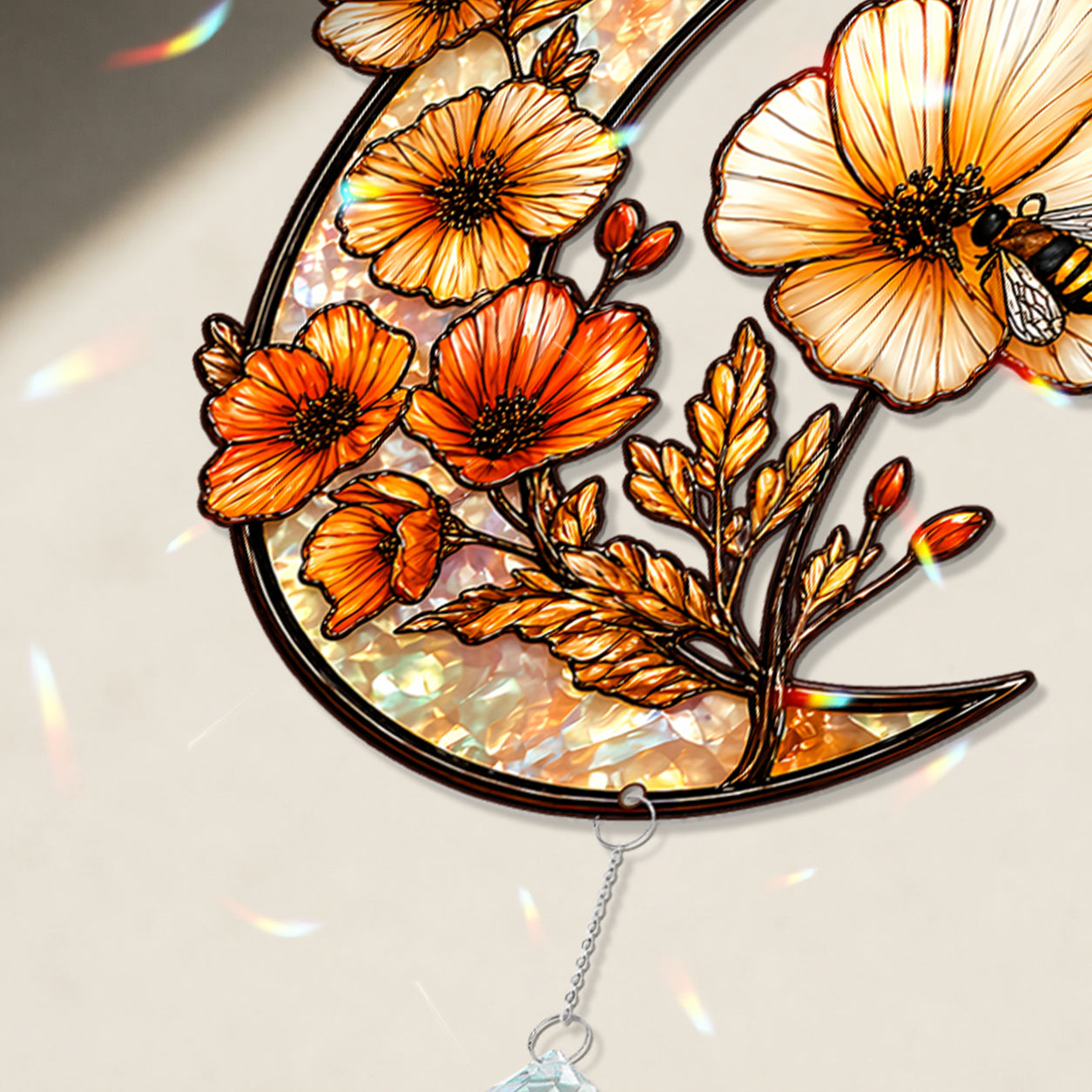 Crescent Moon Stained Glass Suncatcher with Flowers and Bee
